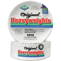 AJM Packaging Corporation 9 in. Diameter Original Heavyweights Paper Plates - White (120/Pack, 8 Packs/Carton)