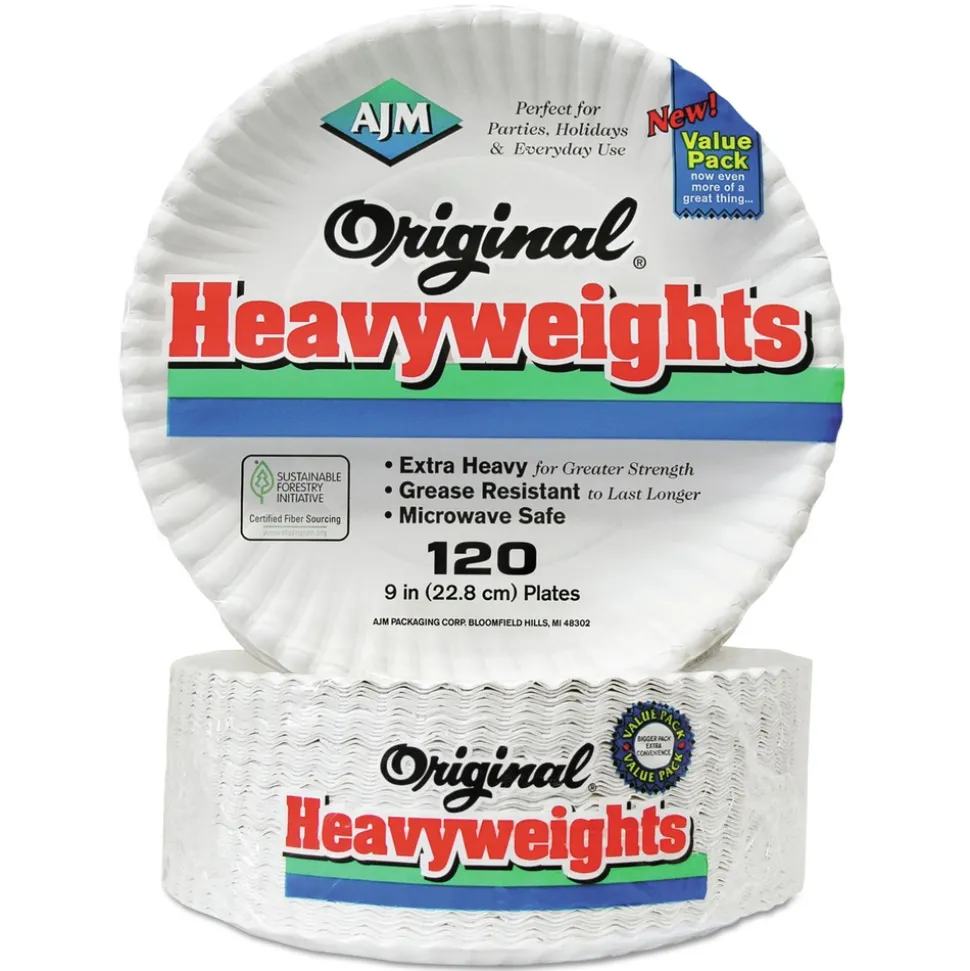 AJM Packaging Corporation 9 in. Diameter Original Heavyweights Paper Plates - White (120/Pack, 8 Packs/Carton)