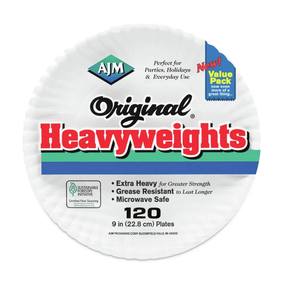 AJM Packaging Corporation 9 in. Diameter Original Heavyweights Paper Plates - White (120/Pack, 8 Packs/Carton)