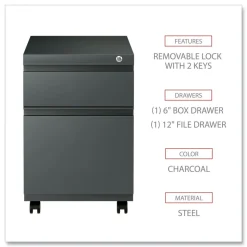 Alera 14.96 in. x 19.29 in. x 21.65 in. 2-Drawers: Box/File Legal/Letter Left or Right File Pedestal with Full-Length Pull - Charcoal