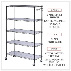 Alera 48 in. x 18 in. x 72 in. 5-Shelf Wire Shelving Kit with Casters and Shelf Liners - Black Anthracite