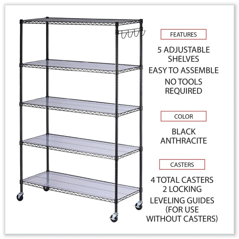 Alera 48 in. x 18 in. x 72 in. 5-Shelf Wire Shelving Kit with Casters and Shelf Liners - Black Anthracite
