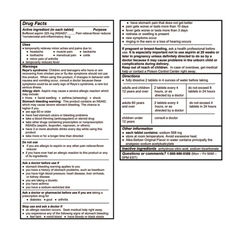 Alka-Seltzer Buffered Aspirin (NSAID) Tablets 2/Pack 30 Packs/Box