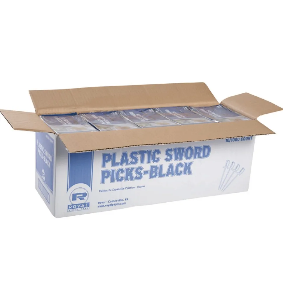 AmerCareRoyal 6 in. Plastic Sword Picks - Black (10000/Carton)
