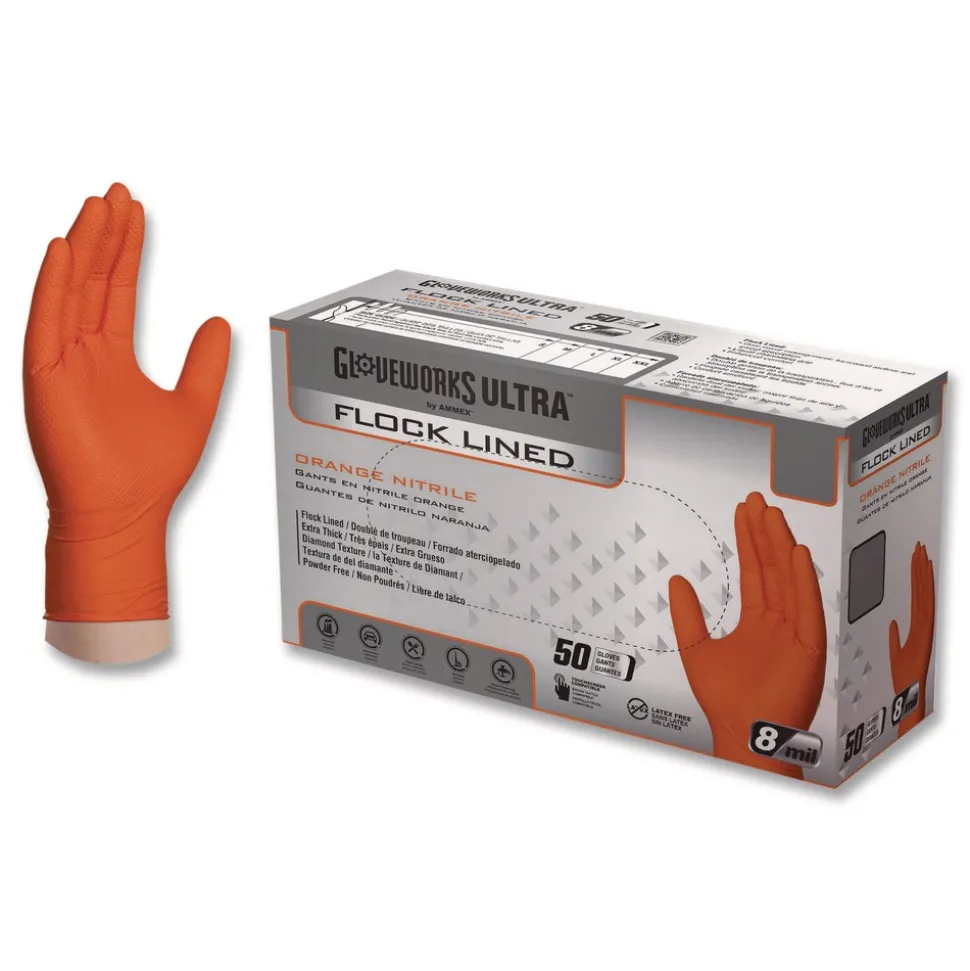 Ammex 9.06 in. 6 mil Ultra Industrial Flock-Lined Nitrile Disposable Gloves - XX-Large/Orange (500/Carton)