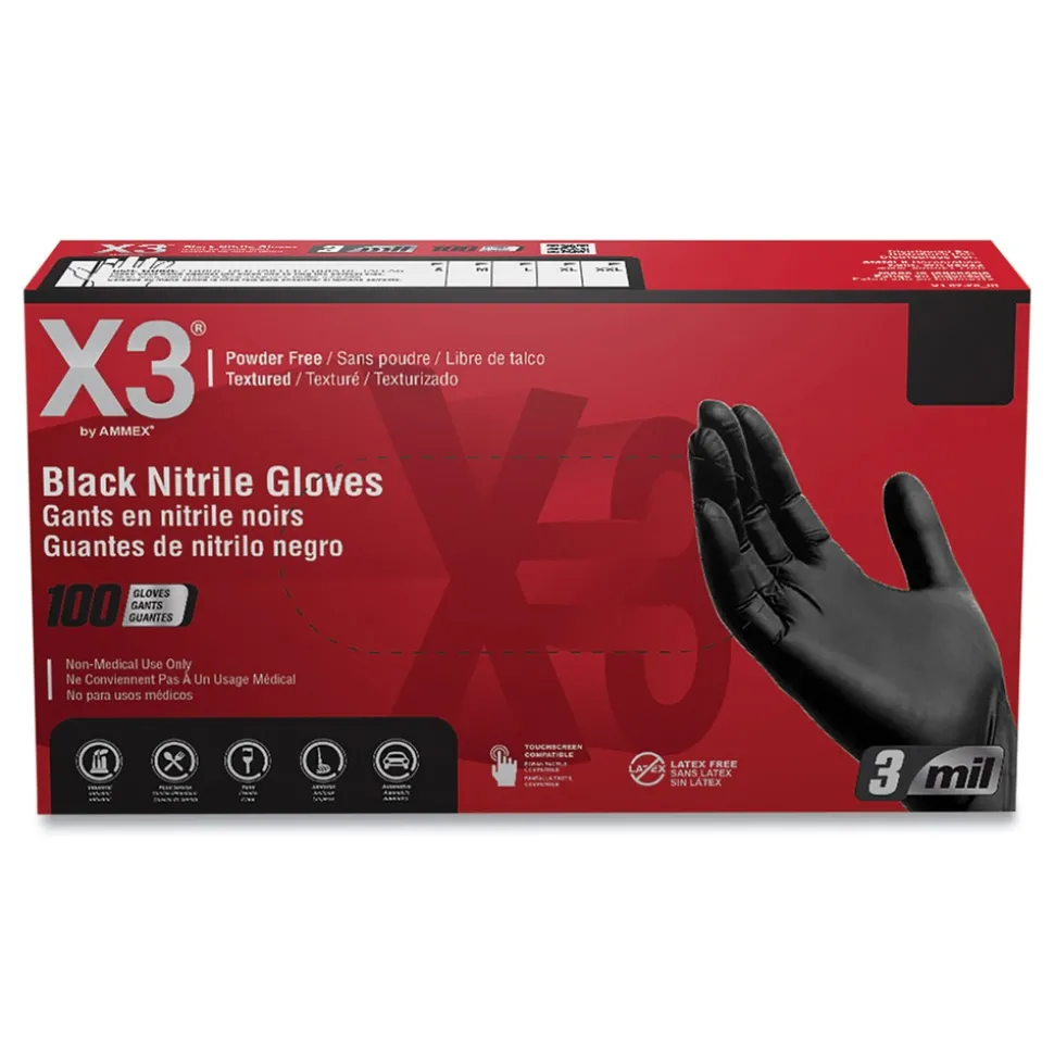 Ammex 9.5 in. Long 3 mil Powder-Free Industrial Nitrile Gloves - X-Large/Black (1000/Carton)