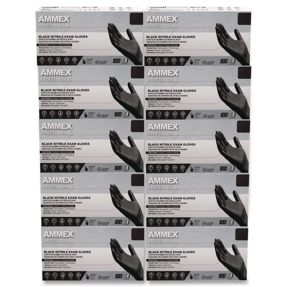 Ammex 9.5 in. Long 3 mil Powder-Free Nitrile Exam Gloves - Medium/Black (1000/Carton)
