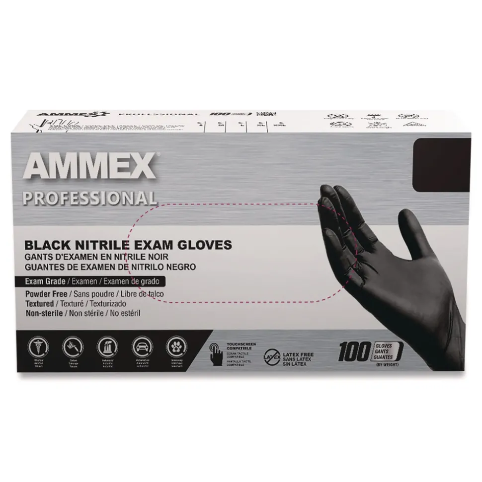 Ammex 9.5 in. Long 3 mil Powder-Free Nitrile Exam Gloves - Medium/Black (1000/Carton)