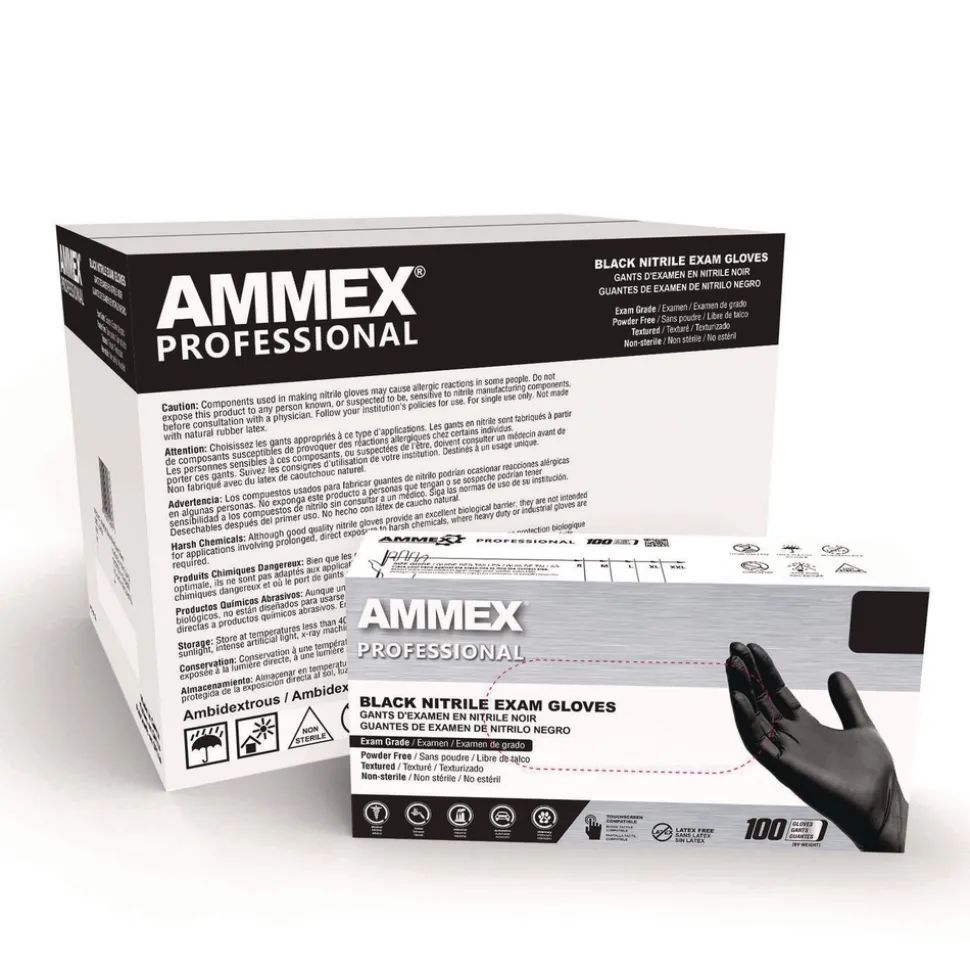 Ammex 9.5 in. Long 3 mil Powder-Free Nitrile Exam Gloves - X-Large/Black (1000/Carton)