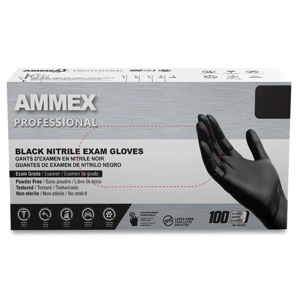 Ammex 9.5 in. Long 3 mil Powder-Free Nitrile Exam Gloves - Large/Black (1000/Carton)
