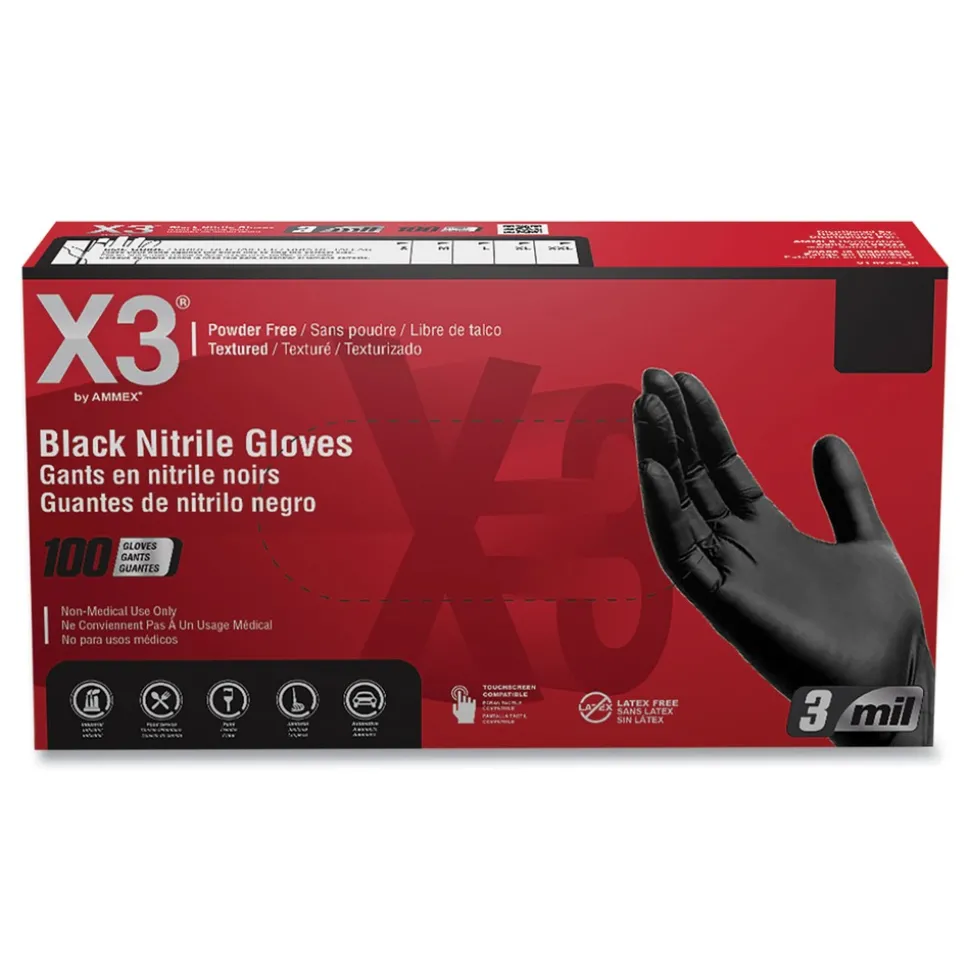 Ammex 9.5 in. Long 3 mil Powder-Free Industrial Nitrile Gloves - Medium/Black (1000/Carton)