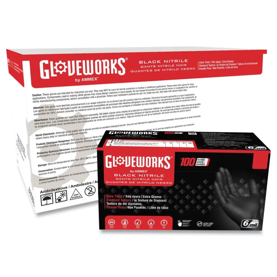 Ammex 6 mil Heavy-Duty Industrial Powder-Free Nitrile Gloves - 2X-Large, Black (1000/Carton)