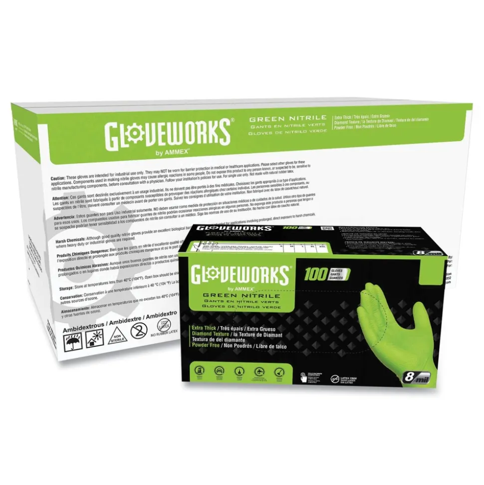 Ammex 8 mil Heavy-Duty Industrial Powder-Free Nitrile Gloves - X-Large, Green (1000/Carton)