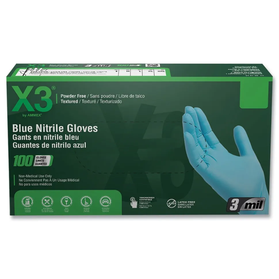 Ammex 3 mil Industrial Powder-Free Nitrile Gloves - Large, Blue (1000/Carton)