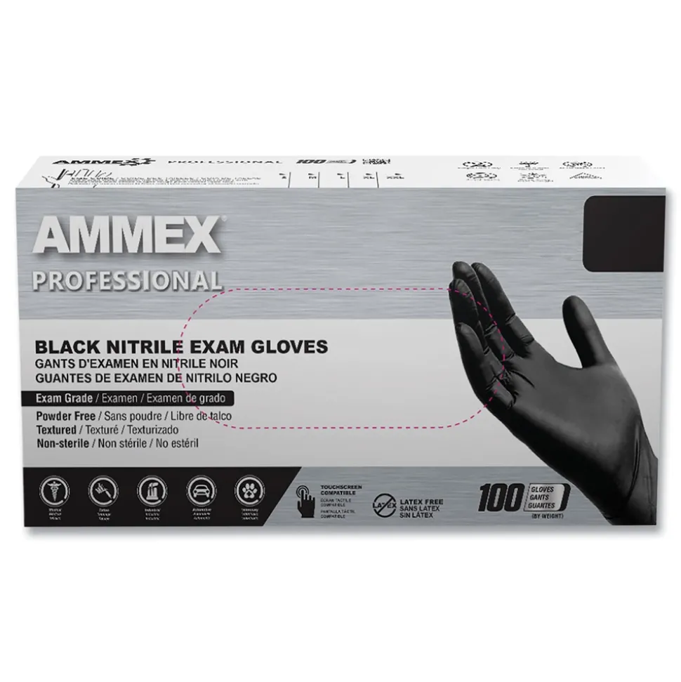 Ammex Nitrile Exam Gloves, Powder-Free, 3 mil, Small, Black, 100/Box, 10 Boxes/Carton