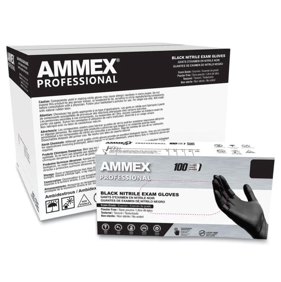 Ammex Nitrile Exam Gloves, Powder-Free, 3 mil, Small, Black, 100/Box, 10 Boxes/Carton