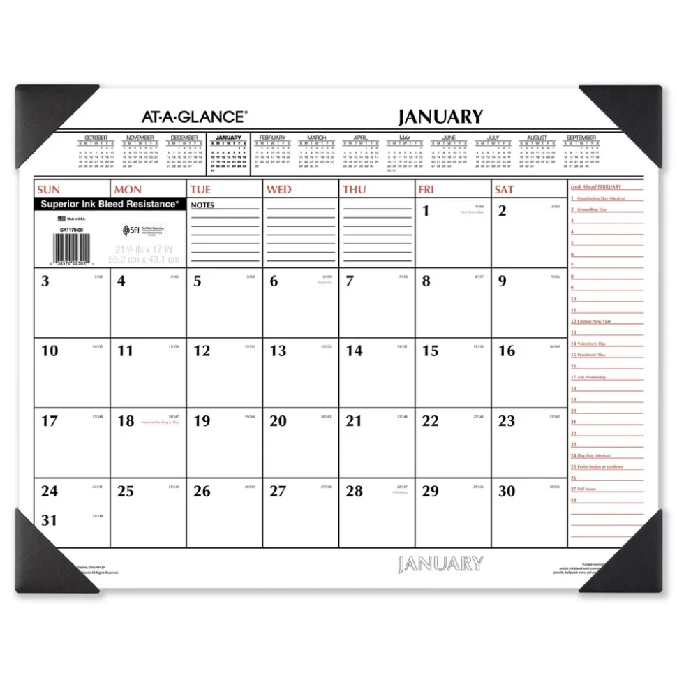 AT-A-GLANCE 12-Month (Jan to Dec): 2026 22 in. x 17 in. Two-Color Monthly Desk Pad Calendar - White Sheets, Black Corners