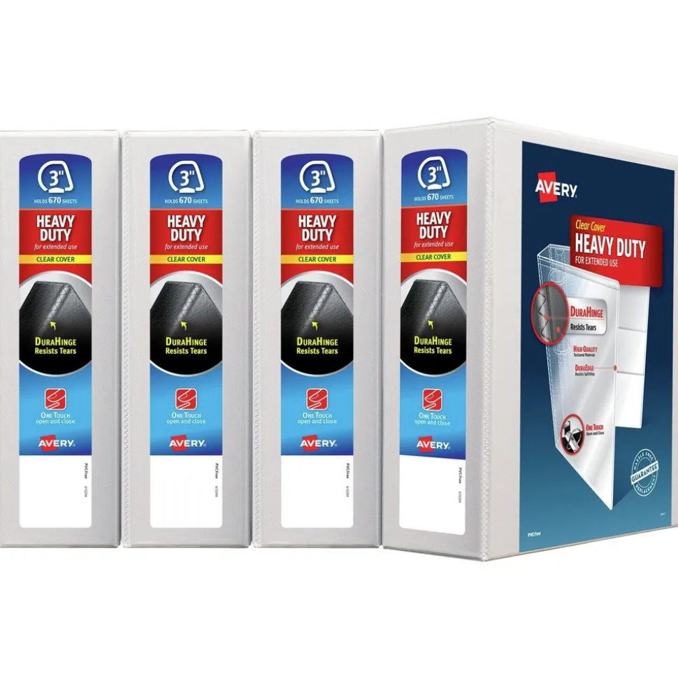 Avery 11 in. x 8.5 in. 3 Rings 3 in. Capacity Heavy-Duty View Binder with DuraHinge and Locking One Touch EZD Rings - White (4/Carton)