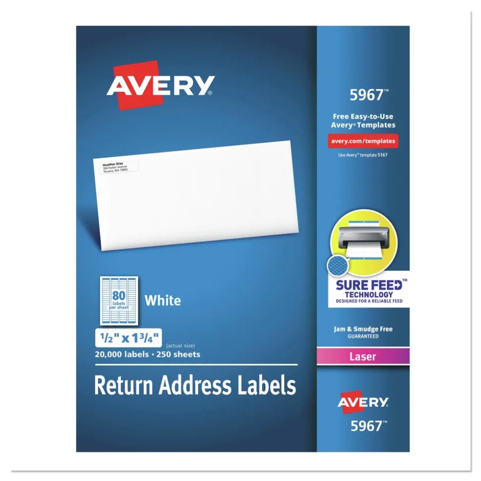 Avery 0.5 in. x 1.75 in. Address Labels with Sure Feed Technology for Laser Printers - White (80/Sheet, 250 Sheets/Box)