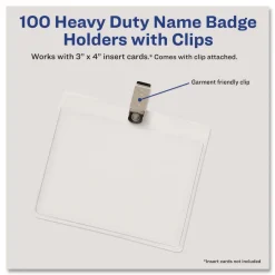 Avery 4 in. x 3 in. Horizontal Heavy-Duty Clip-Style Badge Holders - Clear (100/Box)