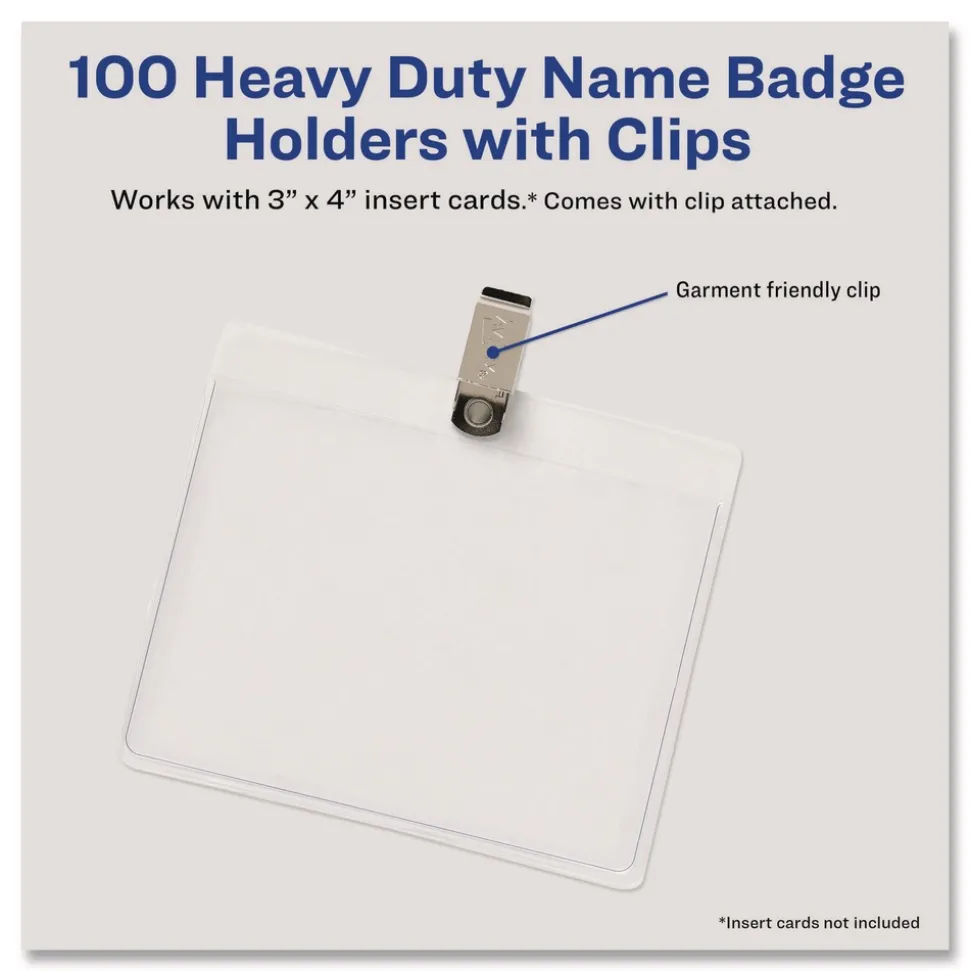 Avery 4 in. x 3 in. Horizontal Heavy-Duty Clip-Style Badge Holders - Clear (100/Box)