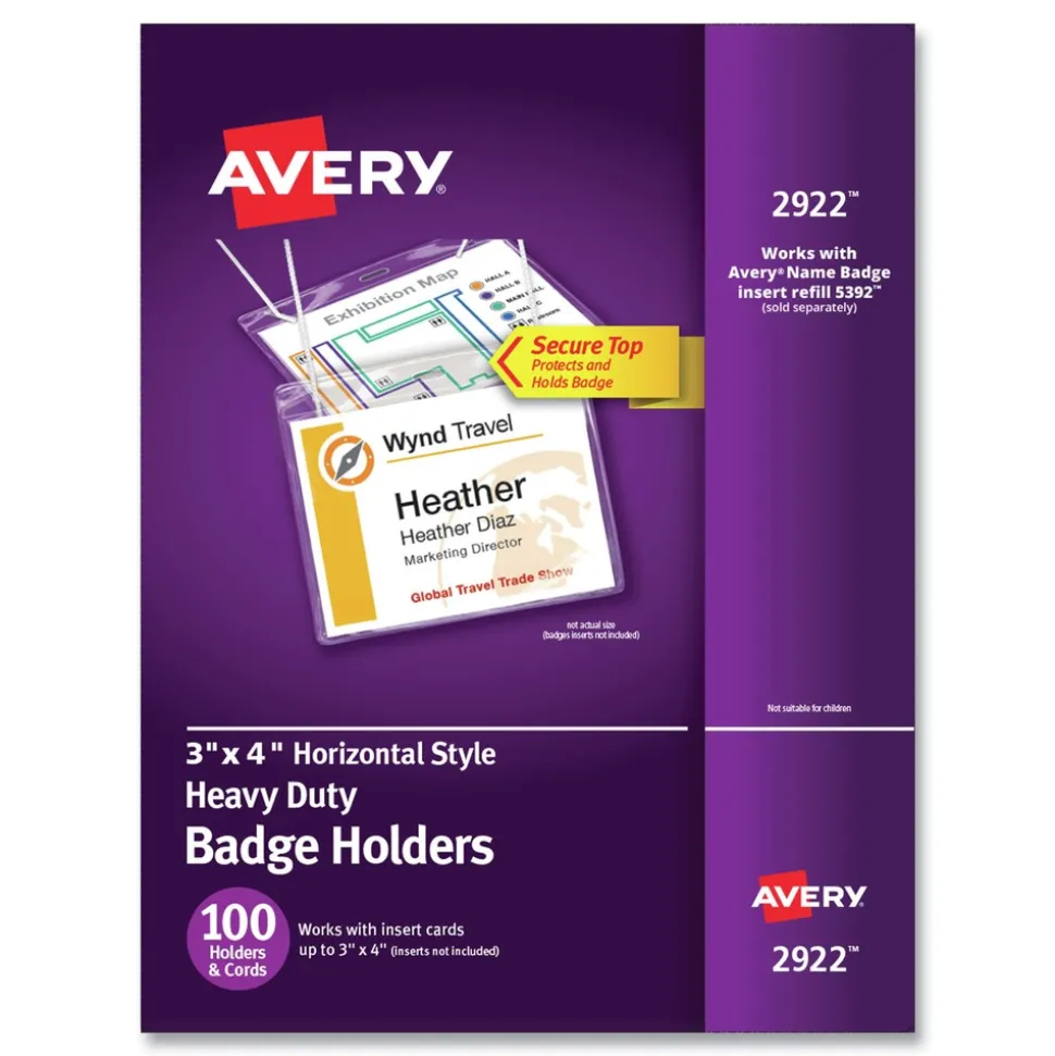 Avery 4 in. x 3 in. Horizontal Secure Top Hanging-Style Badge Holders - Clear (100/Box)