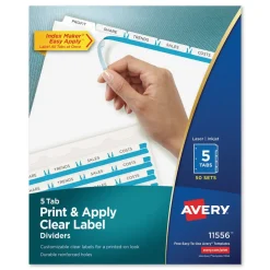 Avery 11 in. x 8.5 in. 5-Tab Print and Apply Index Maker Clear Label Dividers - White (50 Sets/Box)