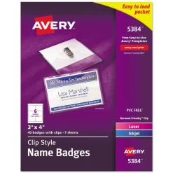 Avery 4 in. x 3 in. Top Load Clip-Style Name Badge Holder with Laser/Inkjet Insert - White (40/Box)
