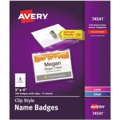 Avery 4 x 3 Top-Load Clip-Style Name Badge Holder with Laser/Inkjet Insert - White (100/Box)