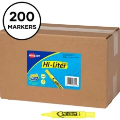 Avery HI-LITER Desk-Style Chisel Tip Highlighters - Fluorescent Yellow Ink/Black Barrel (200/Box)