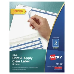 Avery Index Maker 11 in. x 8.5 in. 3-Tab Print and Apply Clear Label Dividers - White (25/Box)