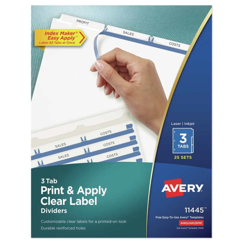 Avery Index Maker 11 in. x 8.5 in. 3-Tab Print and Apply Clear Label Dividers - White (25/Box)