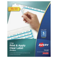 Avery Index Maker 11 in. x 8.5 in. 5-Tab Print and Apply Clear Label Dividers - White (25/Box)