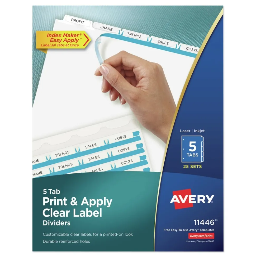 Avery Index Maker 11 in. x 8.5 in. 5-Tab Print and Apply Clear Label Dividers - White (25/Box)
