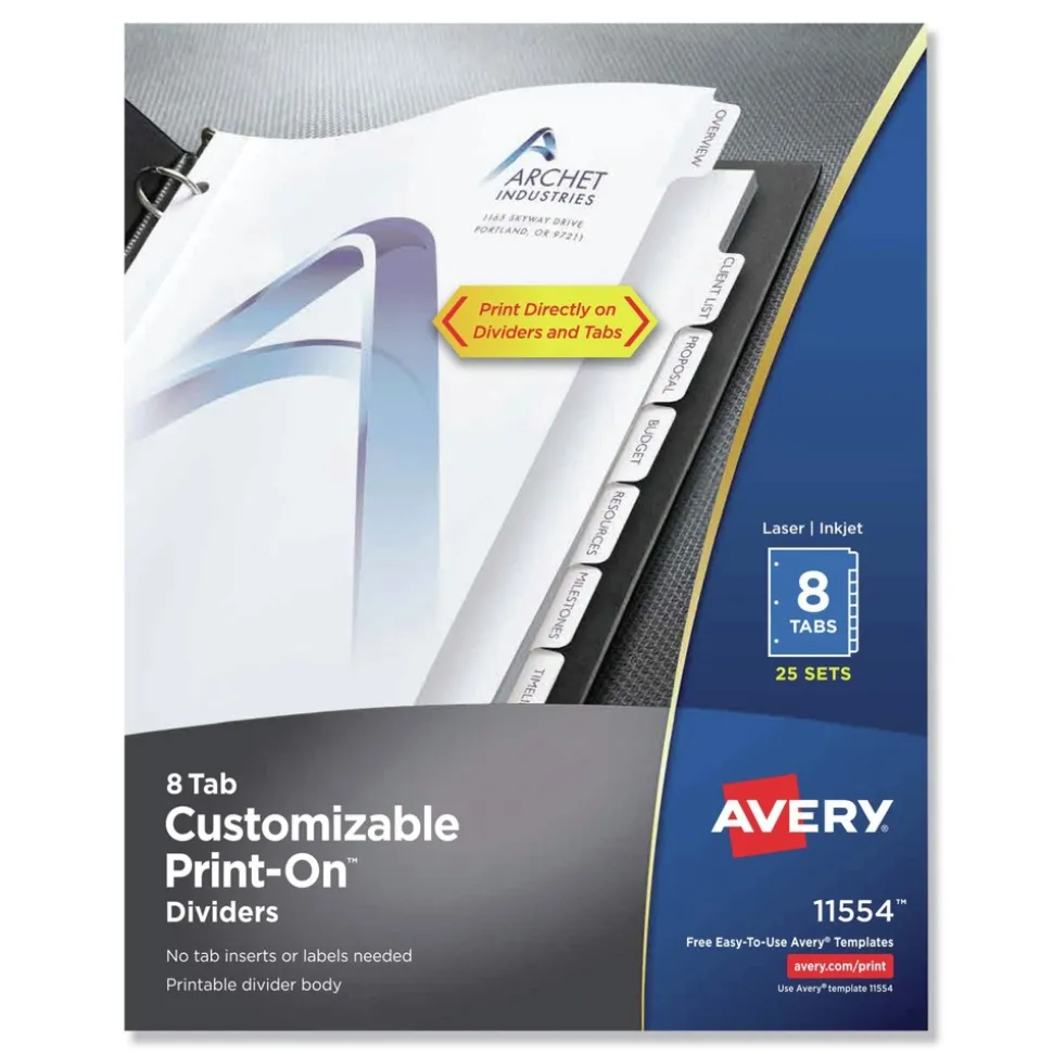 Avery Print-On 11 in. x 8.5 in. 8-Tab 3-Hole Customizable Punched Dividers - White (200/Pack)