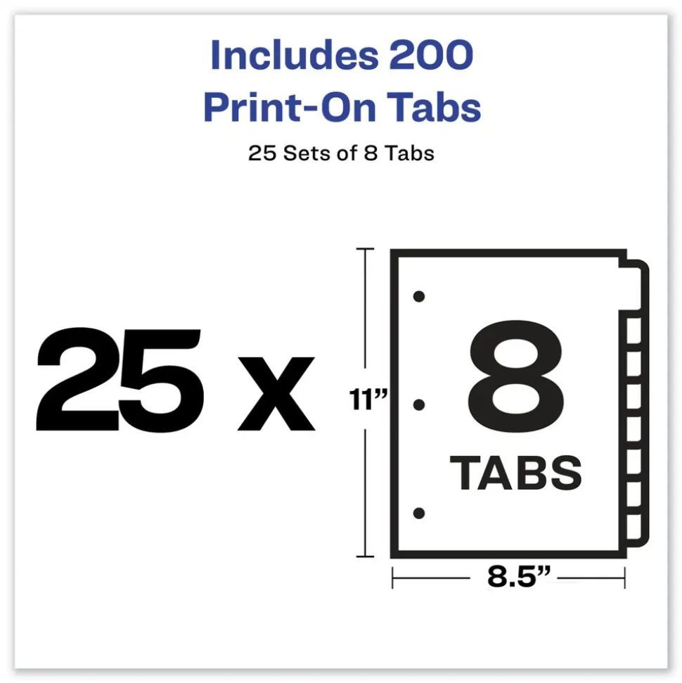 Avery Print-On 11 in. x 8.5 in. 8-Tab 3-Hole Customizable Punched Dividers - White (200/Pack)
