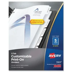 Avery Print-On 11 in. x 8.5 in. 5-Tab 3-Hole Customizable Punched Dividers - White (125/Pack)