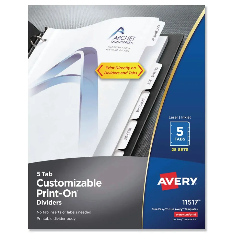 Avery Print-On 11 in. x 8.5 in. 5-Tab 3-Hole Customizable Punched Dividers - White (125/Pack)