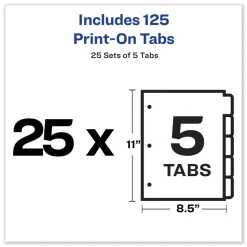 Avery Print-On 11 in. x 8.5 in. 5-Tab 3-Hole Customizable Punched Dividers - White (125/Pack)