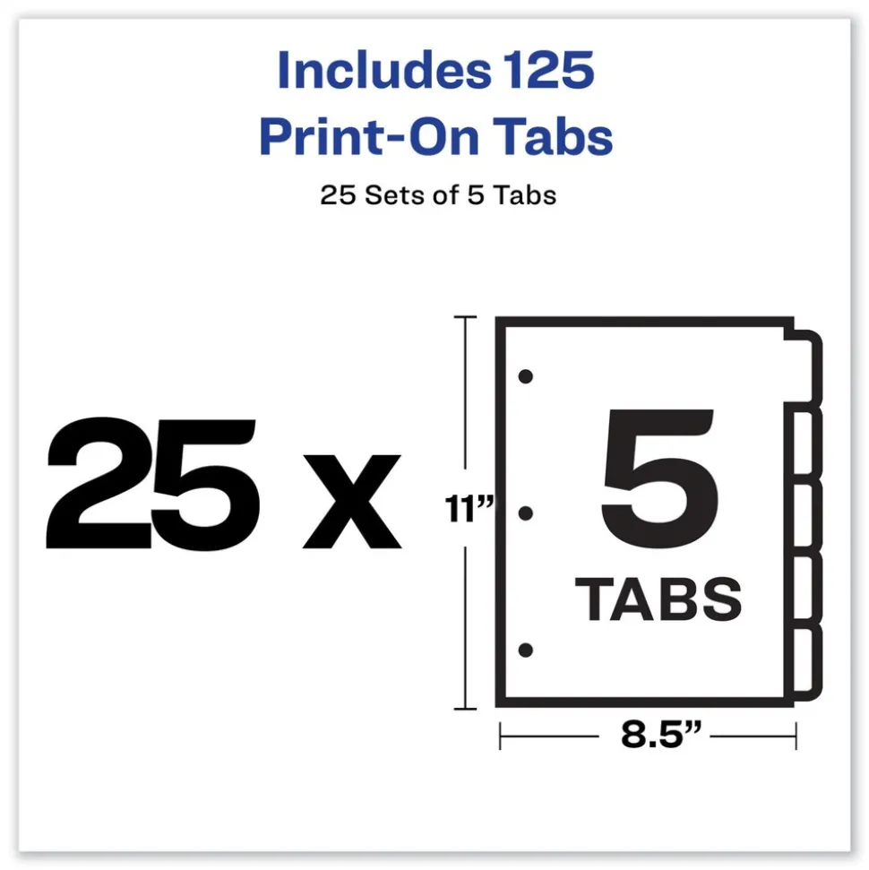 Avery Print-On 11 in. x 8.5 in. 5-Tab 3-Hole Customizable Punched Dividers - White (125/Pack)