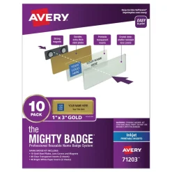 Avery The Mighty Badge 3 in. x 1 in. Horizontal Inkjet Name Badge Holder Kit - Gold (10/Pack)