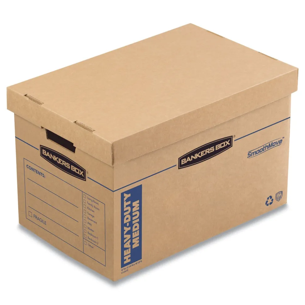 Bankers Box SmoothMove 12.25 in. x 18.5 in. x 12 in. Maximum Strength Moving/Storage Boxes - Medium, Brown/Blue (8/Carton)