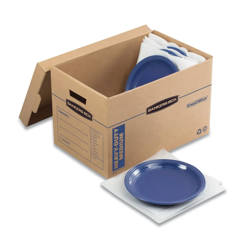 Bankers Box SmoothMove 12.25 in. x 18.5 in. x 12 in. Maximum Strength Moving/Storage Boxes - Medium, Brown/Blue (8/Carton)