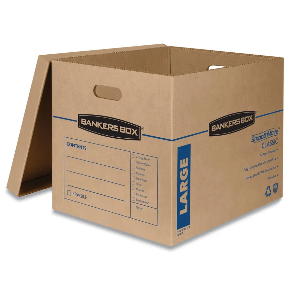 Bankers Box SmoothMove 17 in. x 21 in. x 17 in. Half Slotted Container Classic Moving/Storage Boxes - Large, Brown/Blue (5/Carton)