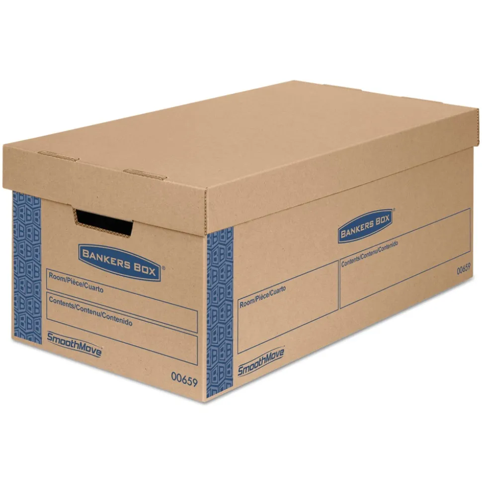 Bankers Box SmoothMove 12 in. x 24 in. x 10 in. Prime Moving/Storage Boxes with Lift-Off Lid - Small/Brown/Blue (8/Carton)