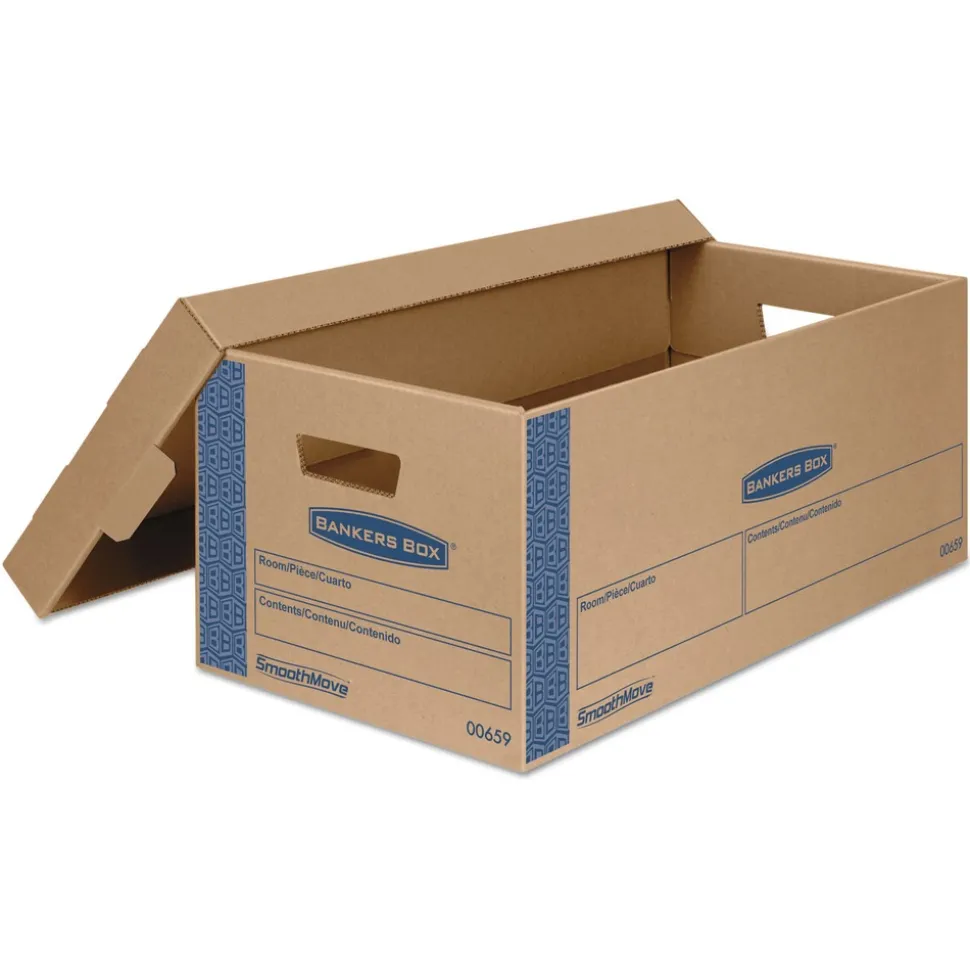 Bankers Box SmoothMove 12 in. x 24 in. x 10 in. Prime Moving/Storage Boxes with Lift-Off Lid - Small/Brown/Blue (8/Carton)