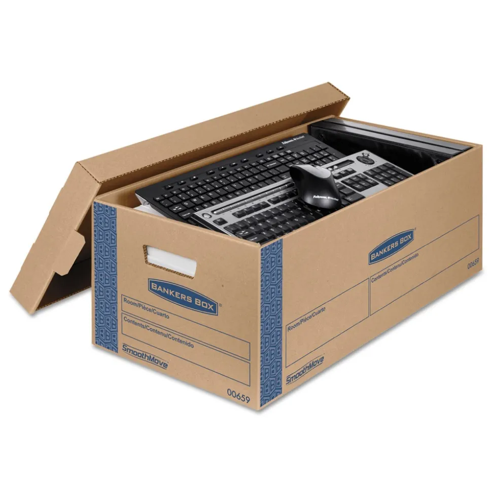 Bankers Box SmoothMove 12 in. x 24 in. x 10 in. Prime Moving/Storage Boxes with Lift-Off Lid - Small/Brown/Blue (8/Carton)