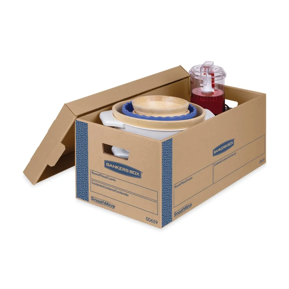 Bankers Box SmoothMove 12 in. x 24 in. x 10 in. Prime Moving/Storage Boxes with Lift-Off Lid - Small/Brown/Blue (8/Carton)