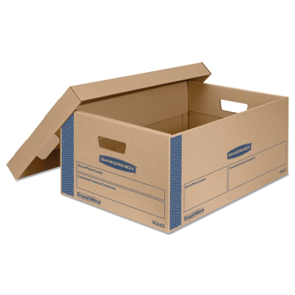 Bankers Box SmoothMove 15 in. x 24 in. x 10 in. Prime Moving/Storage Boxes with Lift-Off Lid - Large/Brown/Blue (8/Carton)