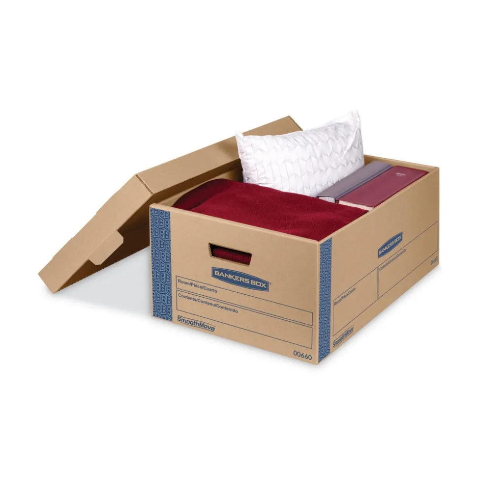 Bankers Box SmoothMove 15 in. x 24 in. x 10 in. Prime Moving/Storage Boxes with Lift-Off Lid - Large/Brown/Blue (8/Carton)